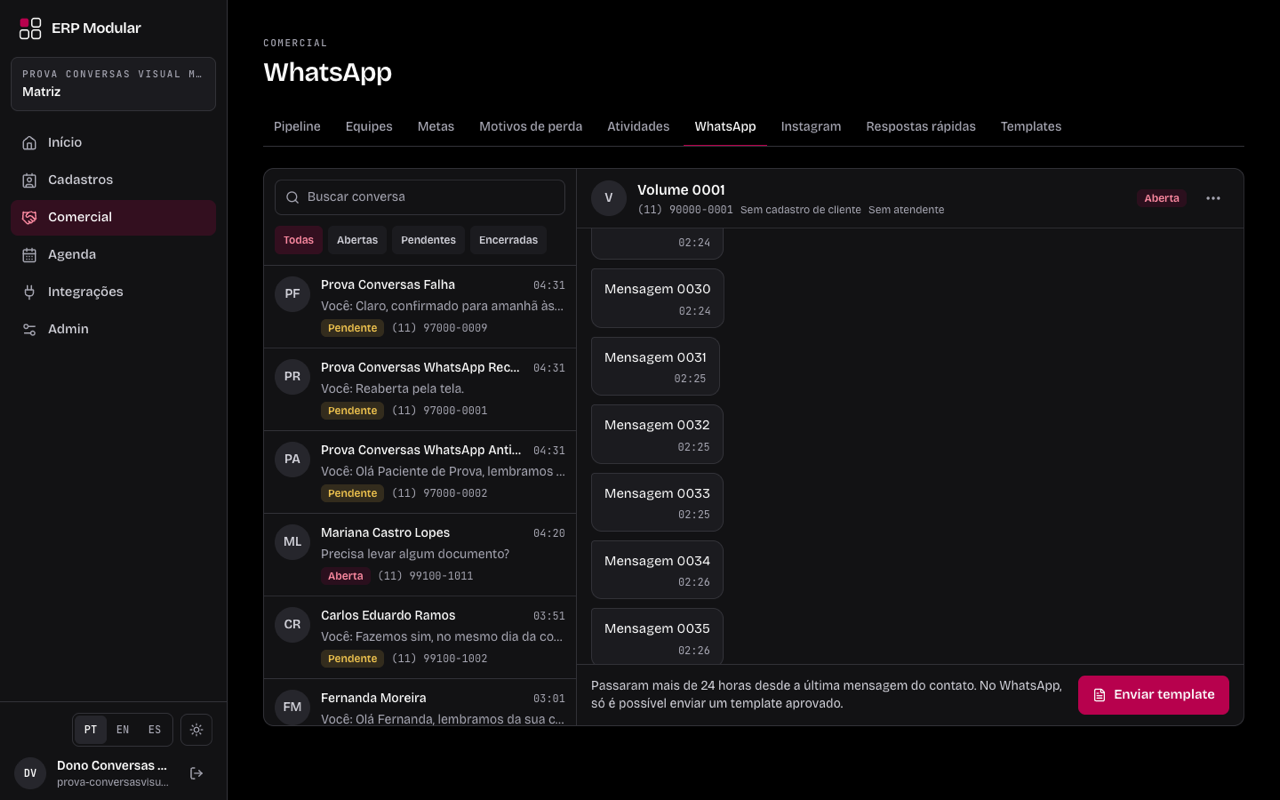 Central de conversas da clínica no computador